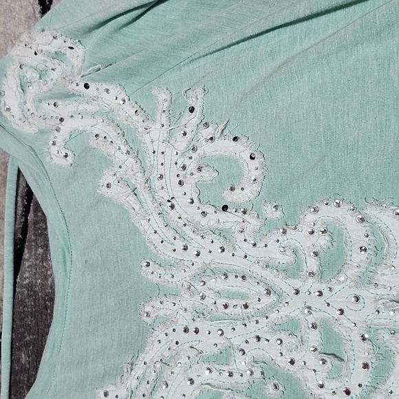 MISS ME MINT GREEN EMBROIDERED RHINESTONES OPEN STRAP V-BACK TOP PRICE FIRM - Picture 3 of 15
